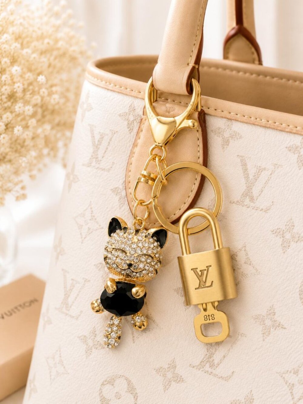 LV Authentic Gold Padlock 🔒 Key Set w/ Unbranded Cat Keychain Charm